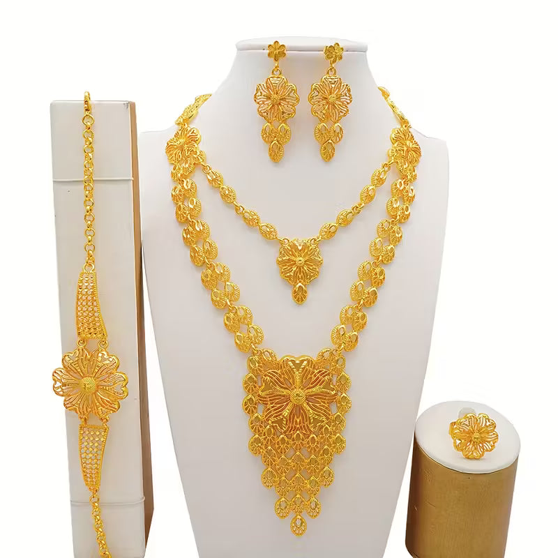 24K Golden Plated Double Layer Pendant Necklace Jewelry Set