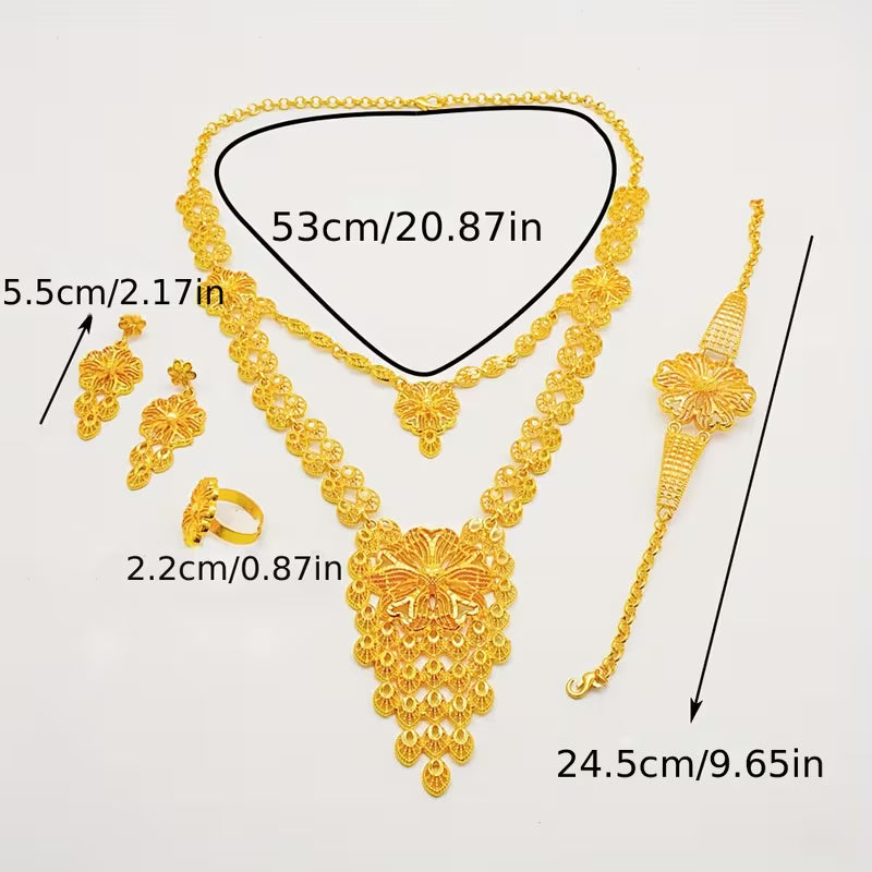24K Golden Plated Double Layer Pendant Necklace Jewelry Set