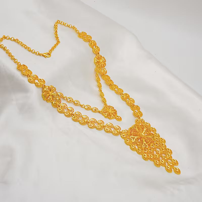 24K Golden Plated Double Layer Pendant Necklace Jewelry Set